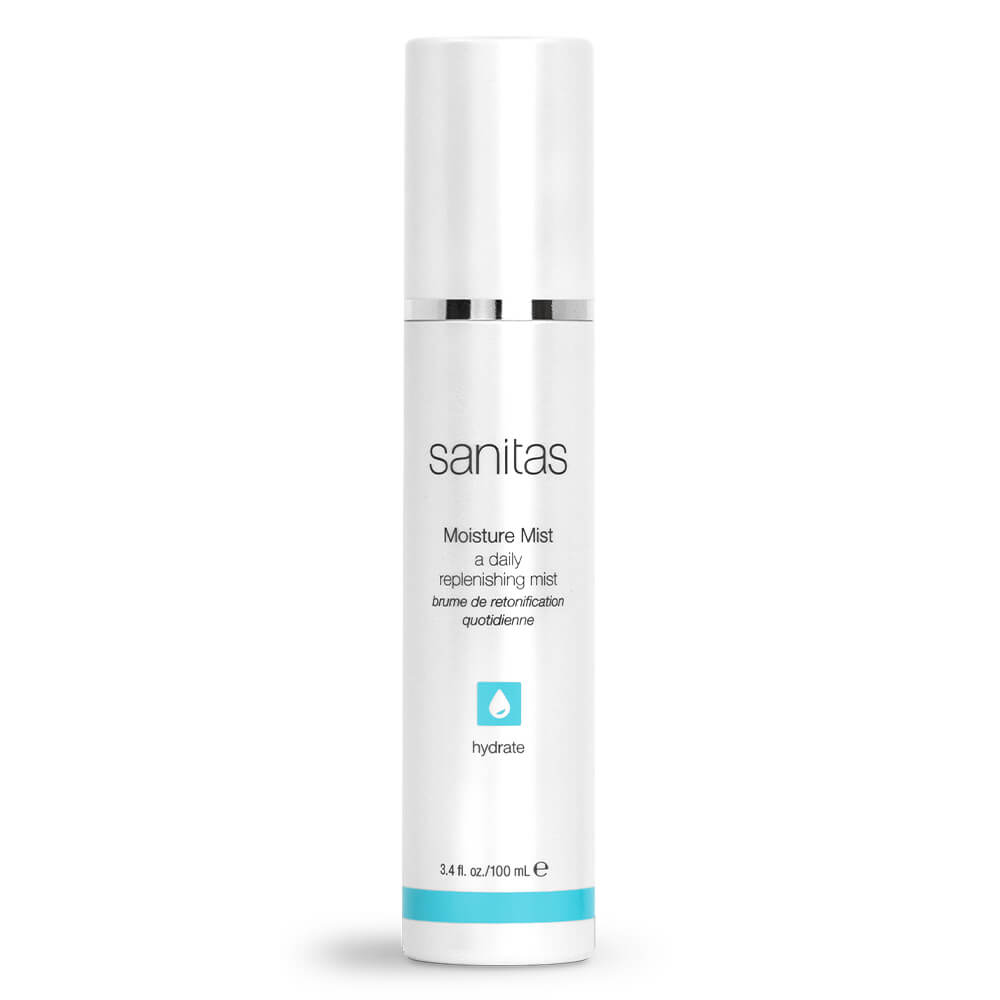 Sanitas Skincare Moisture Mist in White Bottle with Blue Coloring